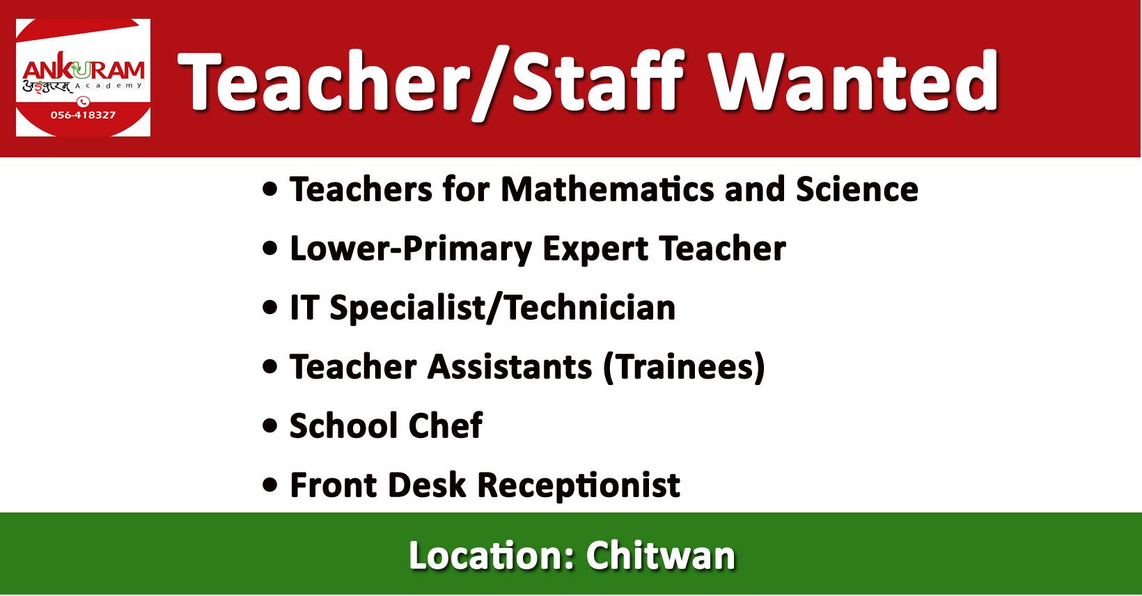 Front Desk Receptionist, School Chef, Teacher Assistants (Trainee), IT ...