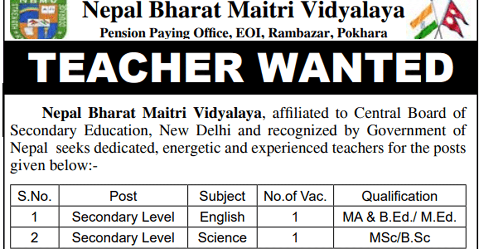 Secondary Level Teacher – English, Science - Job in Nepal - Nepal ...